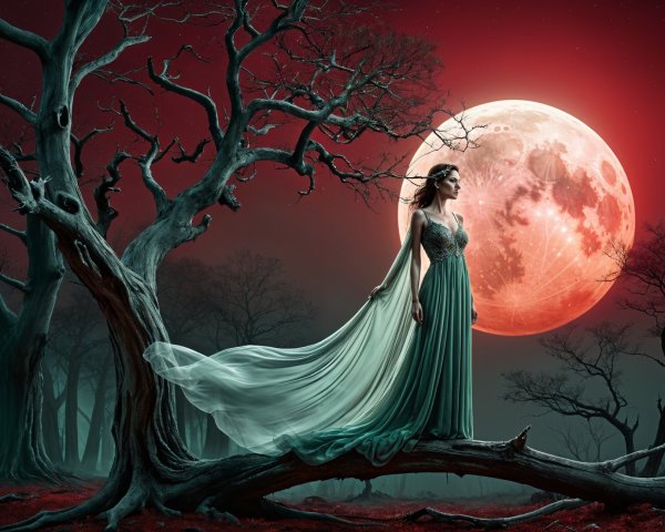 Mysterious figure on a tree branch in eerie landscape