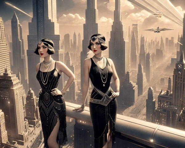 Glamorous Women in 1920s Flapper Dresses Overlooking City