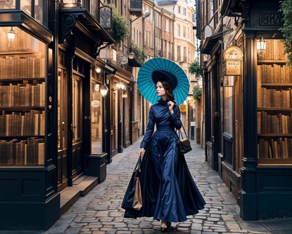 Elegant woman in blue dress on cobblestone alley