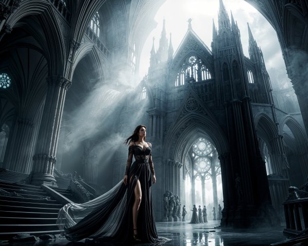 Gothic Cathedral Scene with Flowing Black Gown