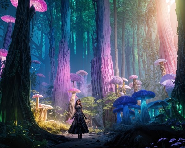 Mystical forest with colorful glowing mushrooms and figure