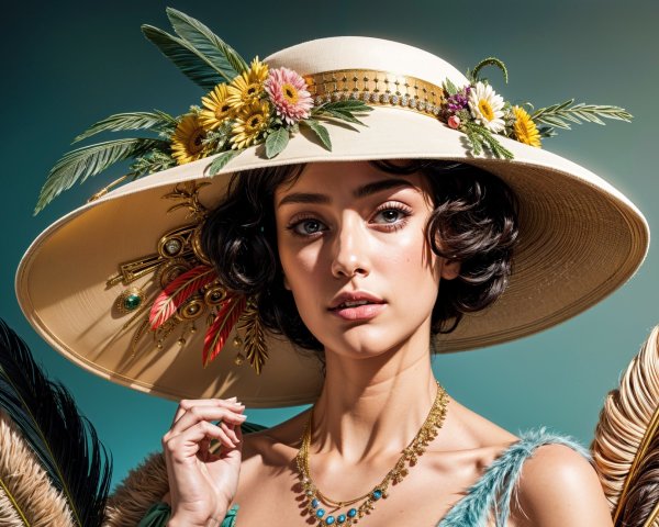 Young Woman in Elegant Hat with Floral Accents