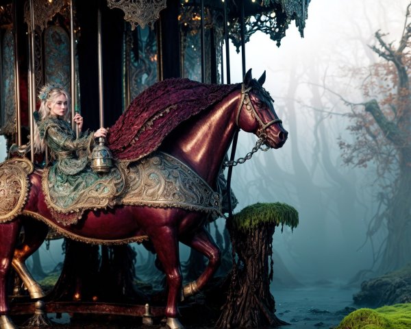 Mystical Scene of a Young Woman on a Carousel Horse