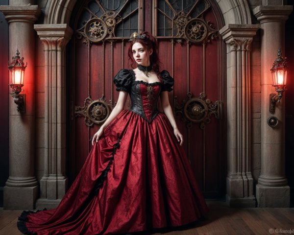 Elegant Woman in Red Gown in Grand Setting