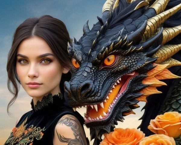 Close-Up Portrait of Woman with Dragon Tattoo and Dragon