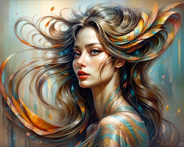 Portrait of a Woman with Feathers and Flowing Hair