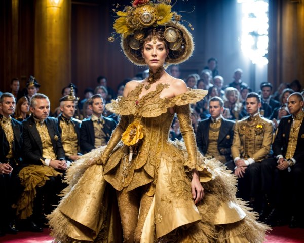 Elegant Gold Gown Displayed in Luxurious Fashion Show
