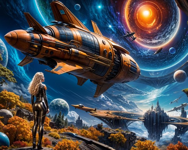 Futuristic Spaceship Over Cosmic Landscape and Cityscape