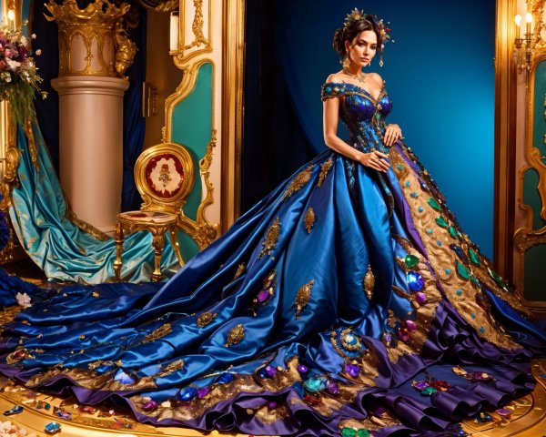 Deep Blue Satin Gown with Gold Embroidery and Gems