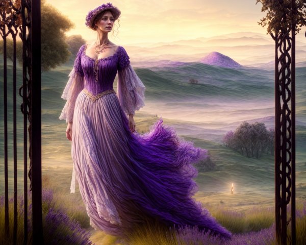 Woman in Lavender Gown at Floral Archway Scene