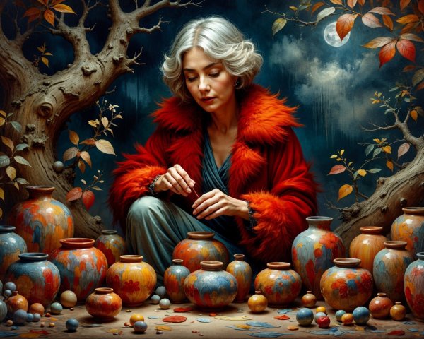 Woman with Silver Hair and Red Coat Among Pottery