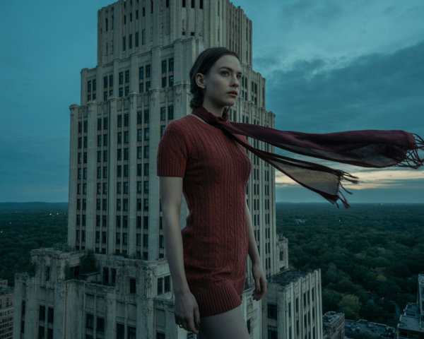 Young Woman on Rooftop with Urban Skyline Background