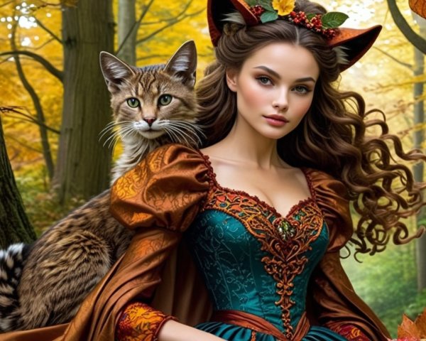 Young woman in gown with cat in autumn forest