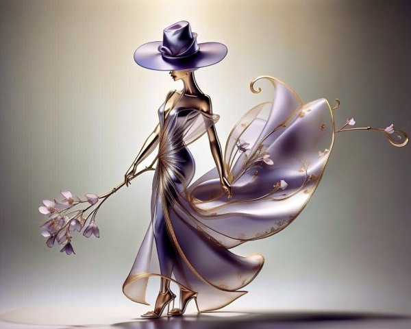Elegant 3D Female Figure in Lavender Gown and Hat