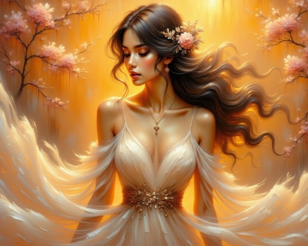 Elegant Woman in Ethereal Gown with Cherry Blossoms