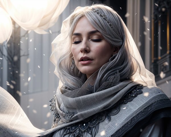Elegant Woman with Silver Hair Surrounded by Petals