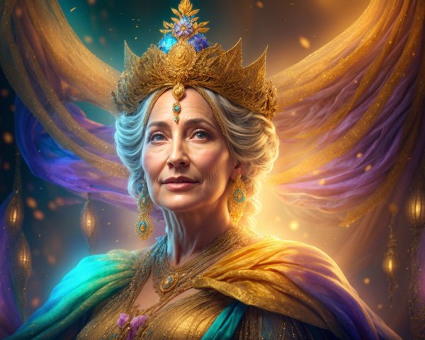 Regal figure in golden garments with jeweled crown