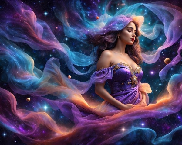 Cosmic Scene with Woman in Purple Gown and Nebula