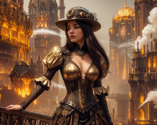 Steampunk Scene with Woman in Metallic Attire