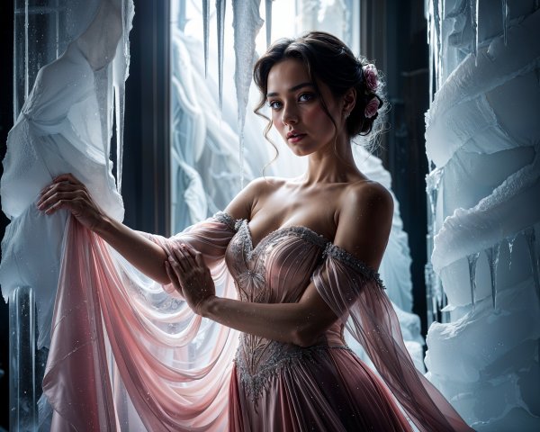 Young Woman in Pink Gown Surrounded by Frosted Landscape