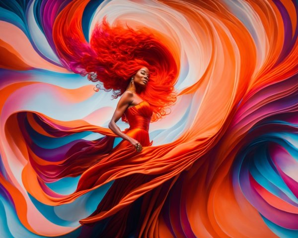 Vibrant Red-Haired Figure in Flowing Gown and Colors