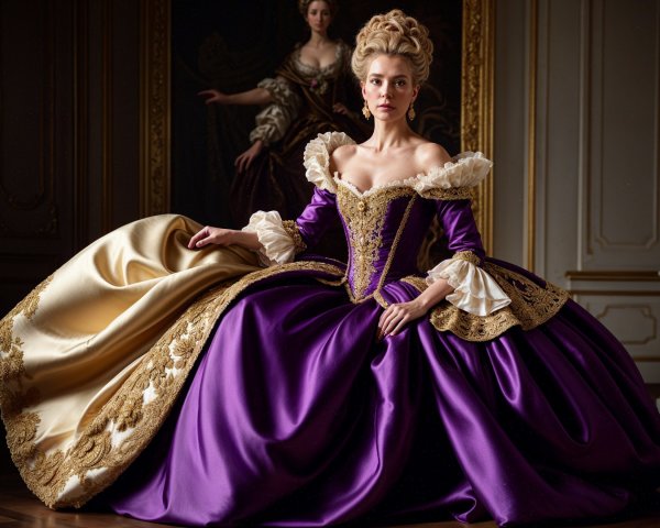 Regal figure in purple gown with gold detailing