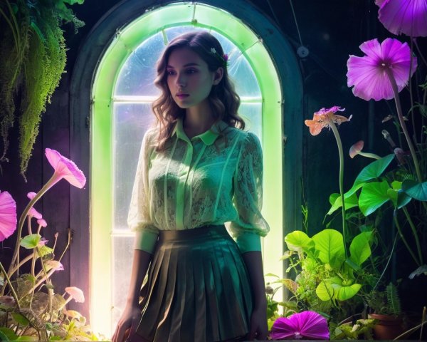 Young woman in lace blouse by vibrant window and flowers