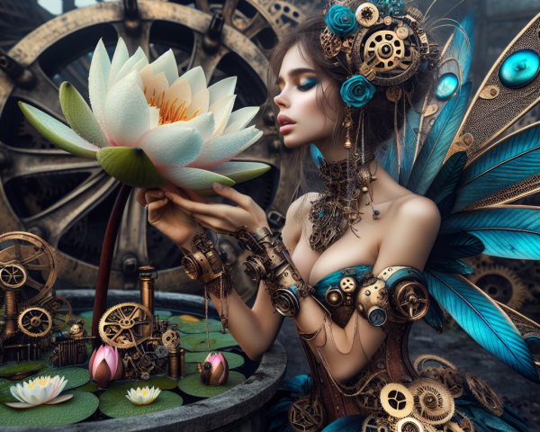 Steampunk Fairy with Mechanical Wings and Lotus Flower