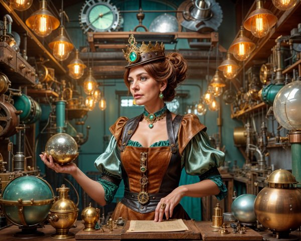 Steampunk Laboratory with Woman and Glowing Orb