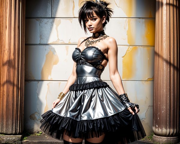 Metallic Black Dress with Ruffles and Bold Accessories