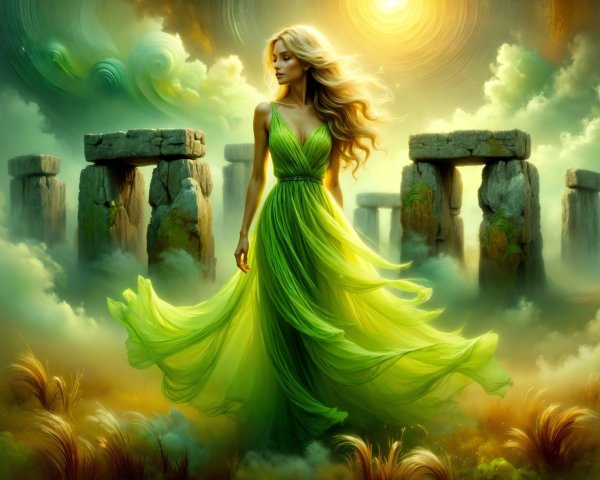 Mystical Woman in Green Gown Among Ancient Stones