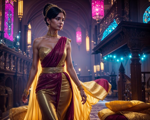 Regal Woman in Ornate Hall with Stained Glass