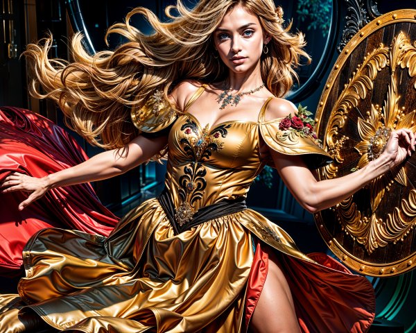 Elegant Woman in Gold and Black Gown with Armor