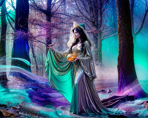 Woman in Golden Robes in a Mystical Forest Setting