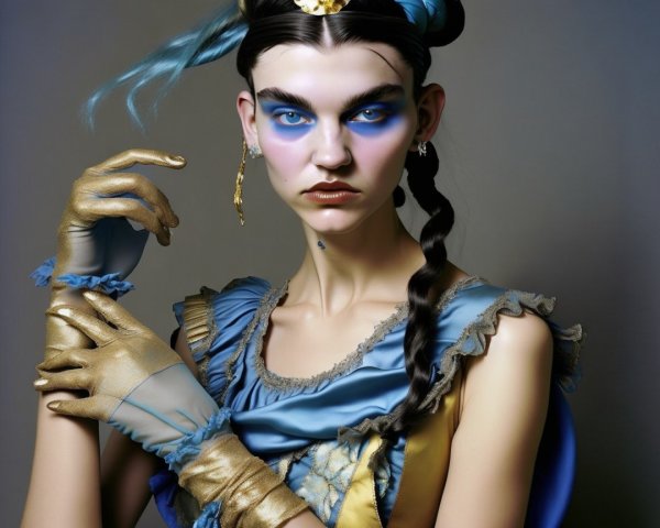 Model in Ornate Blue and Gold Fashion Outfit