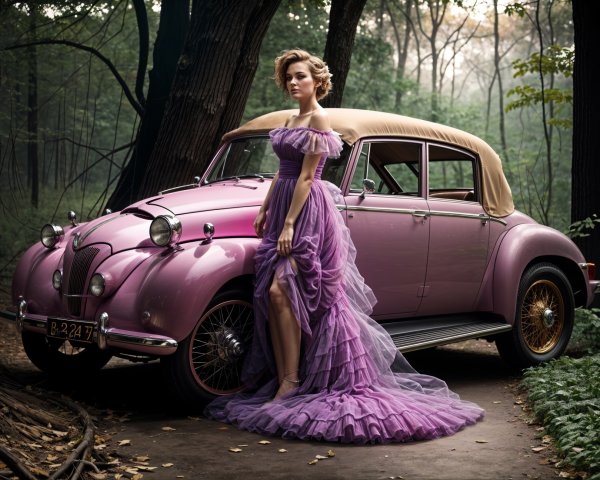Elegant Woman by Vintage Pink Convertible in Forest