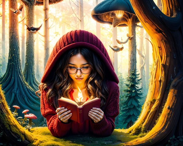 Young Woman Reading in a Mystical Forest Setting