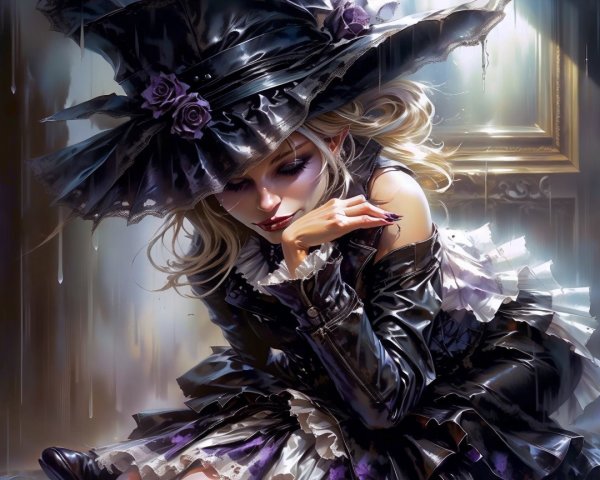 Gothic Portrait of Aristocratic Woman in Rainy Setting