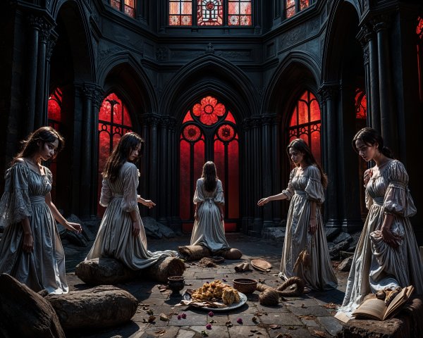 Gothic Setting with Ethereal Figures and Ritual Table