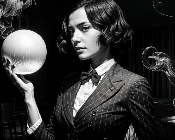 Sophisticated Figure with Glowing Orb in Monochrome Setting