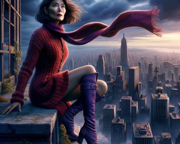 Young woman on rooftop overlooking misty cityscape