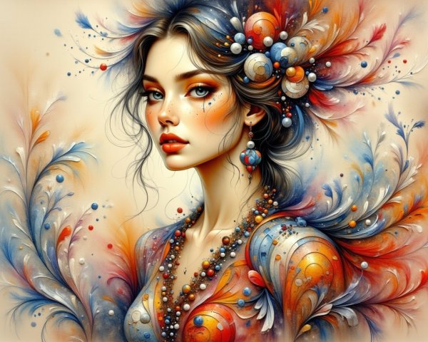 A woman with wavy dark hair and colorful patterns