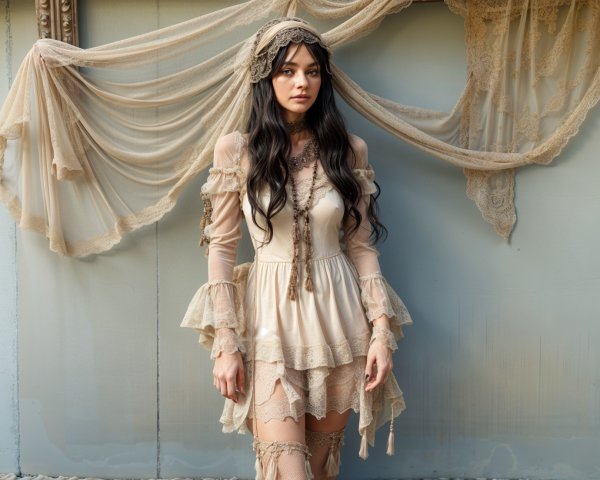 Young woman in vintage lace dress with flowing fabrics