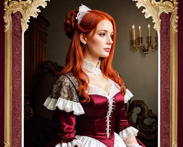 Young woman in burgundy dress by ornate gold mirror