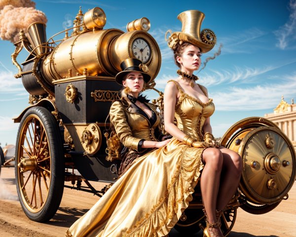Steampunk Scene with Women on Luxurious Engine