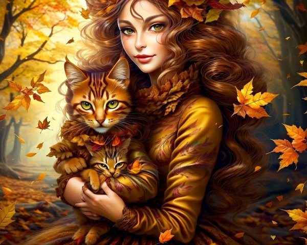 Woman in autumn attire holding two cats in nature