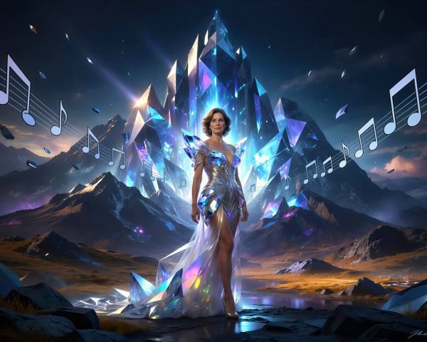 Caucasian Woman in Crystal Shard Dress in Desert Setting