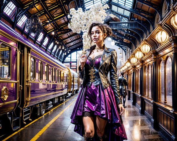 Stylish Woman in Luxurious Train Station Setting