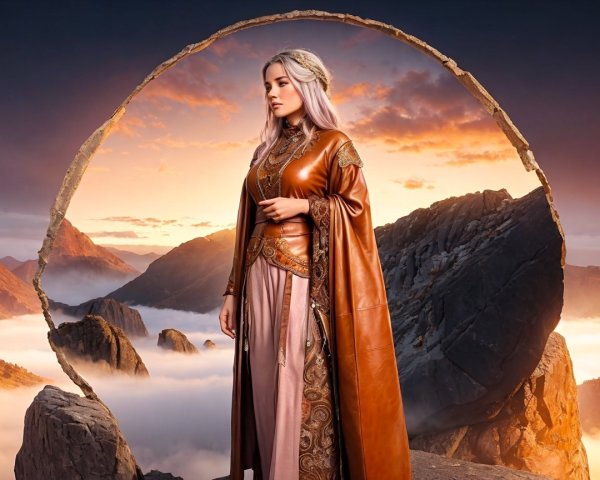 Serene figure in luxurious robes against a misty landscape