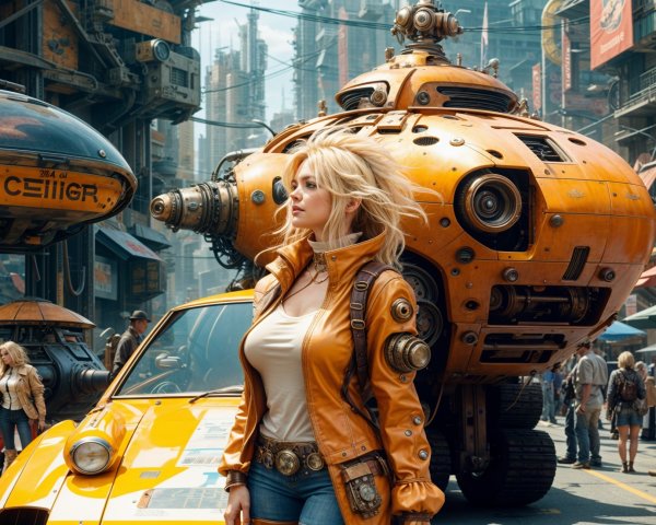 Futuristic City Scene with Confident Woman and Vehicles